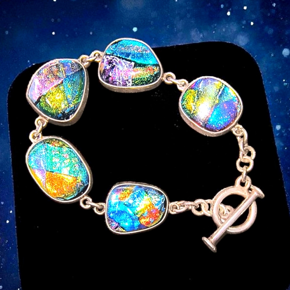 Stunning Artisan Dichroic Art Glass Sterling Silver Toggle Bracelet